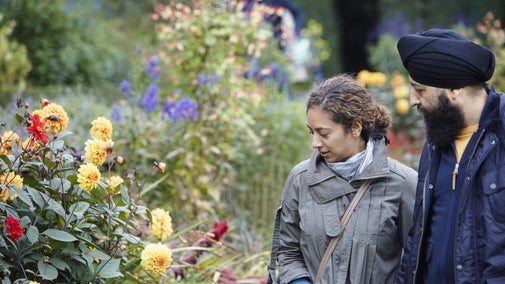 Two visitors admiring the dahlia bed which is in flower at Fenton House and Garden, with other flowering plants visible in the background.